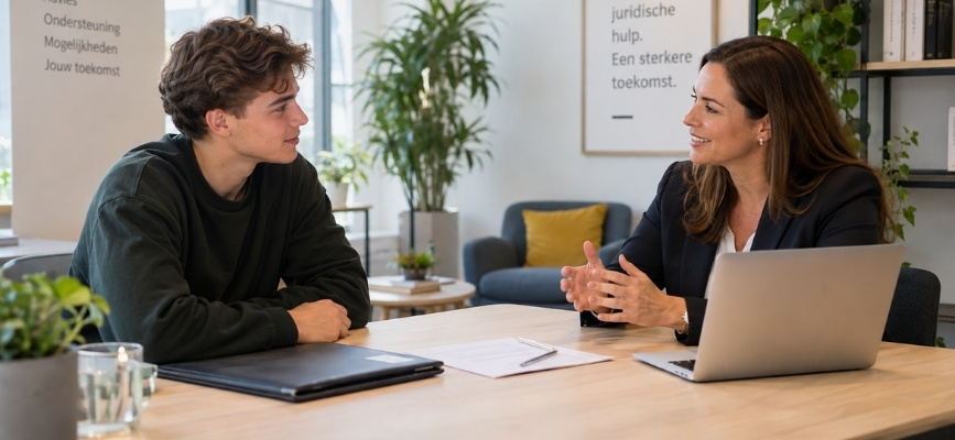 Jongere bespreekt met juridisch adviseur een VOG-aanvraag voor een nieuwe baan of stage